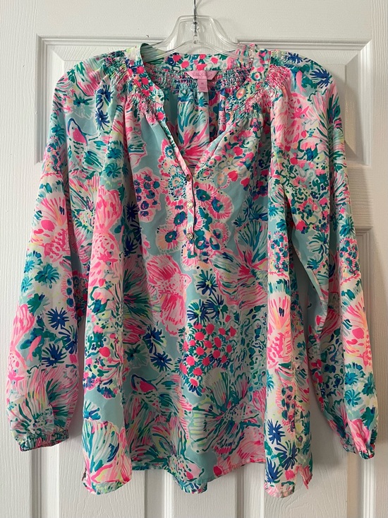 Lilly Pulitzer Tops - Lilly Pulitzer Pink & Aqua Floral Smocked Neck Blouse